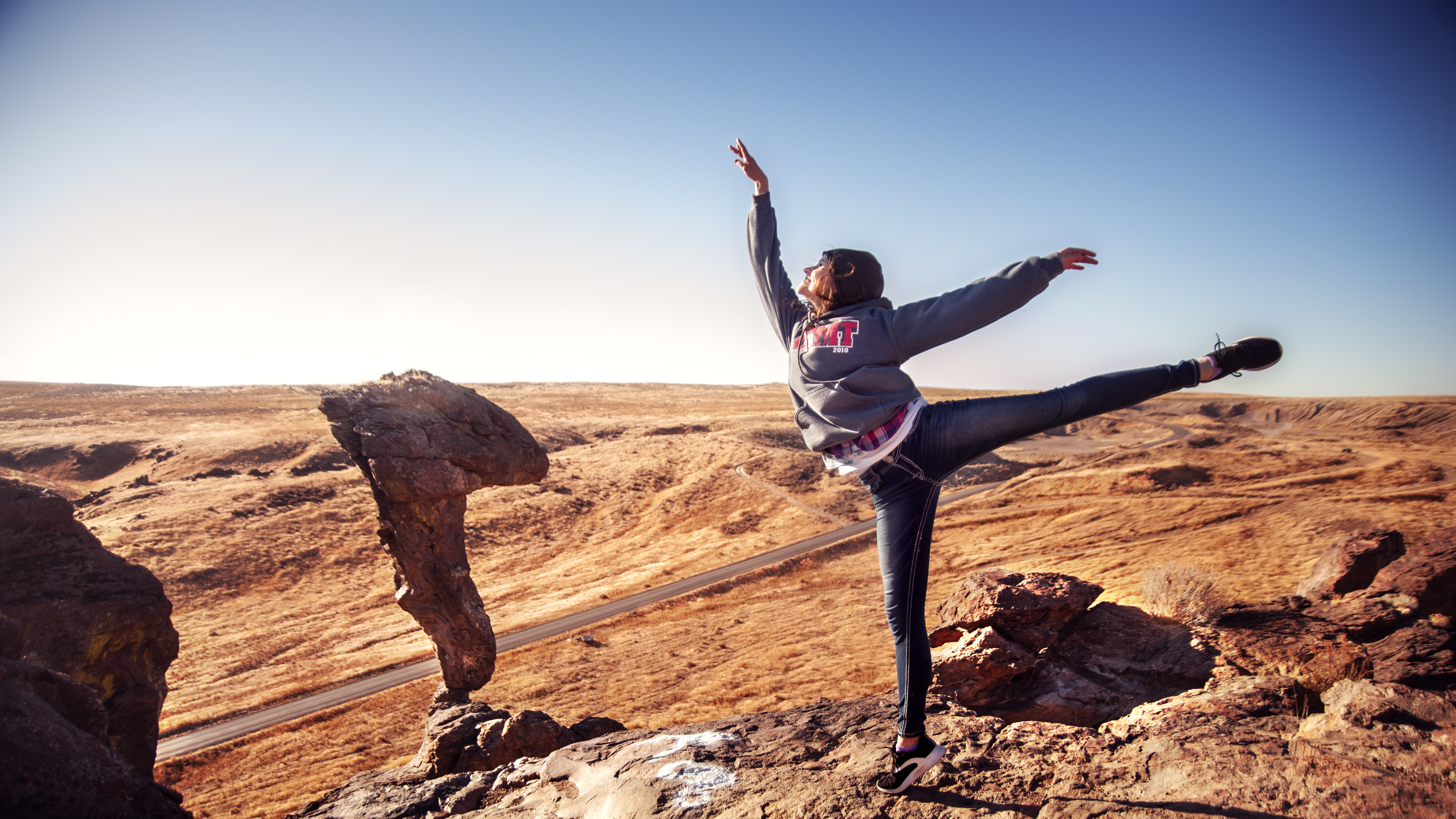 Diana does an arabesque at Balance Rock